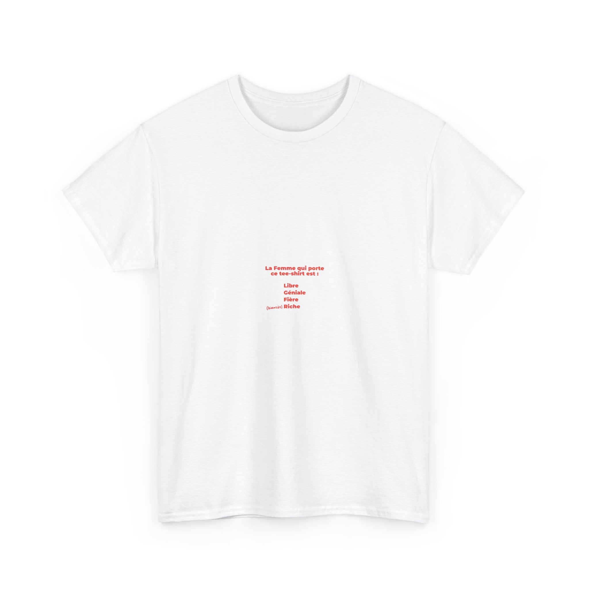 Minimalist White Tee with Red Micro Text — Small Center Chest Quote Shirt
